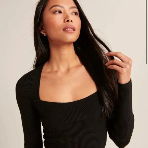 Abercrombie & Fitch BLUE Ribbed Portrait Neck Crop Knit  Long-Sleeve Top Sz XL - Picture 4 of 8